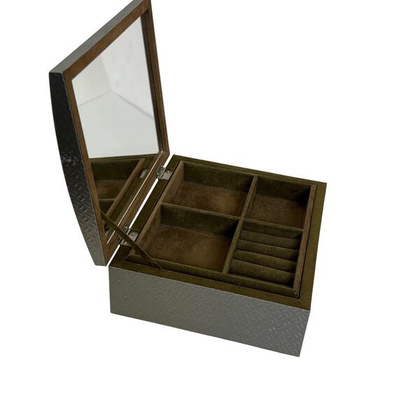 Industrial Look Aluminum Jewelry Box Velvet Lined Organizer Interior Mirror - Picture 2 of 10